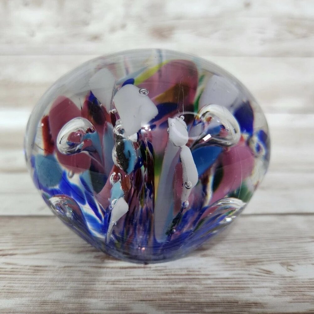 2.5" Tall Art Glass Multicolor Paperweight Controlled Bubble White Pink‎ Blue